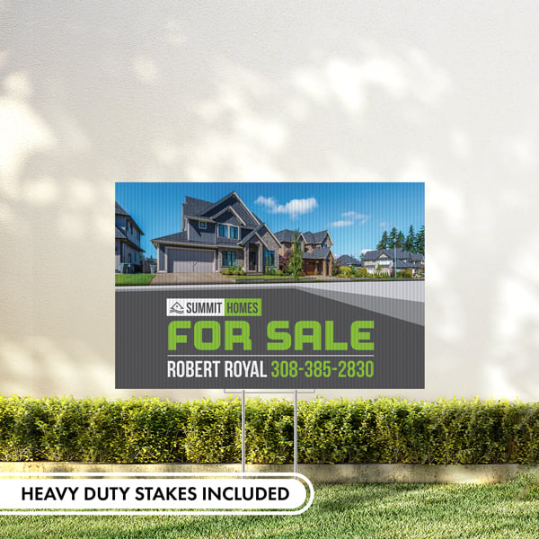 20 x 30 yard sign displayed outdoors with heavy duty stakes included and full color real estate design